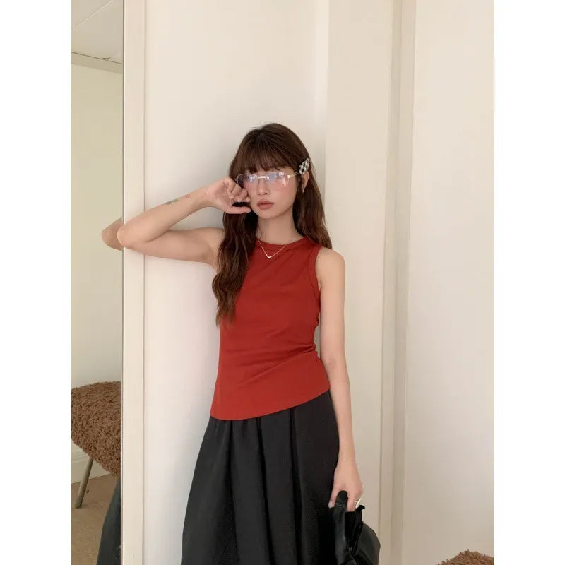 Round Neck Sleeveless Fitted Basic Ribbed Tank Top