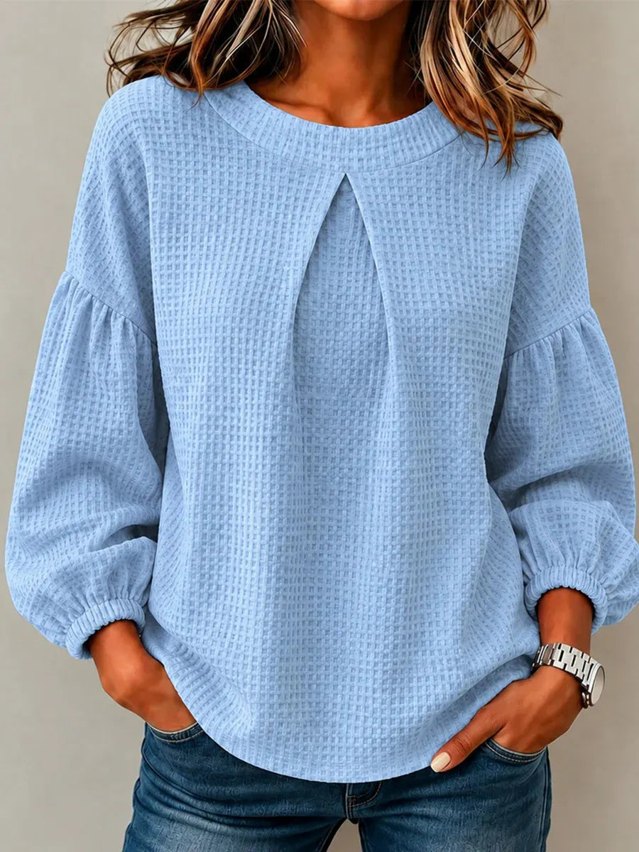 Waffle Knit Round Neck Blouse Pleated Front Balloon Long Sleeve Loose Casual Top