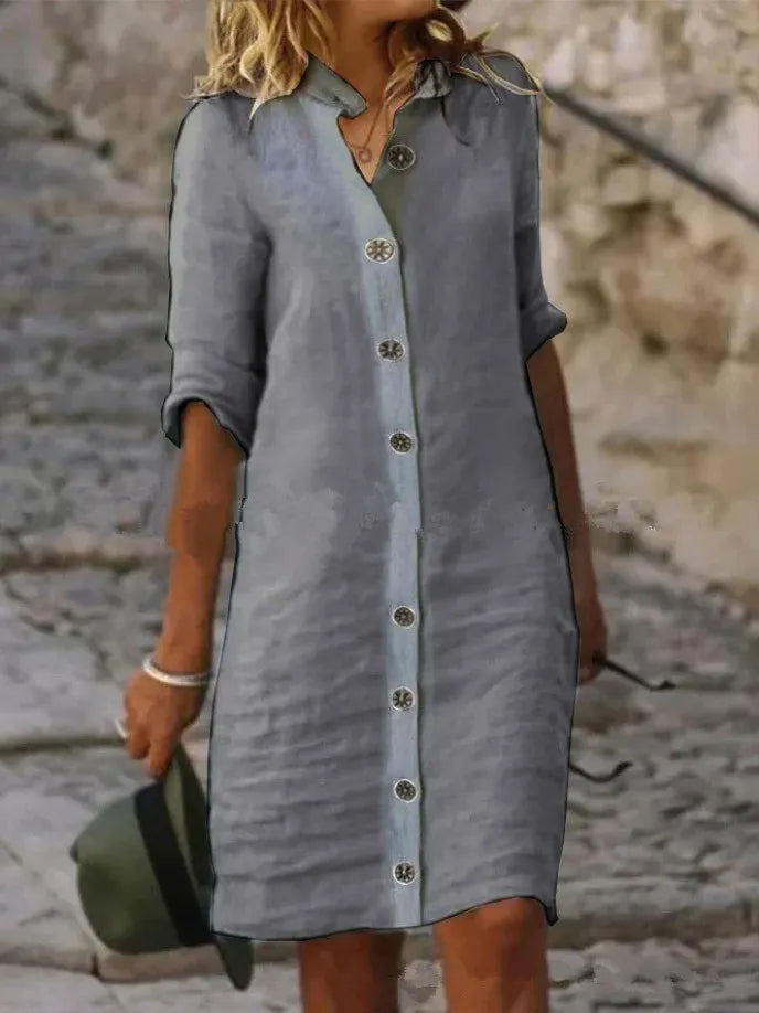 Cotton Linen Button-Front Shirt Dress
