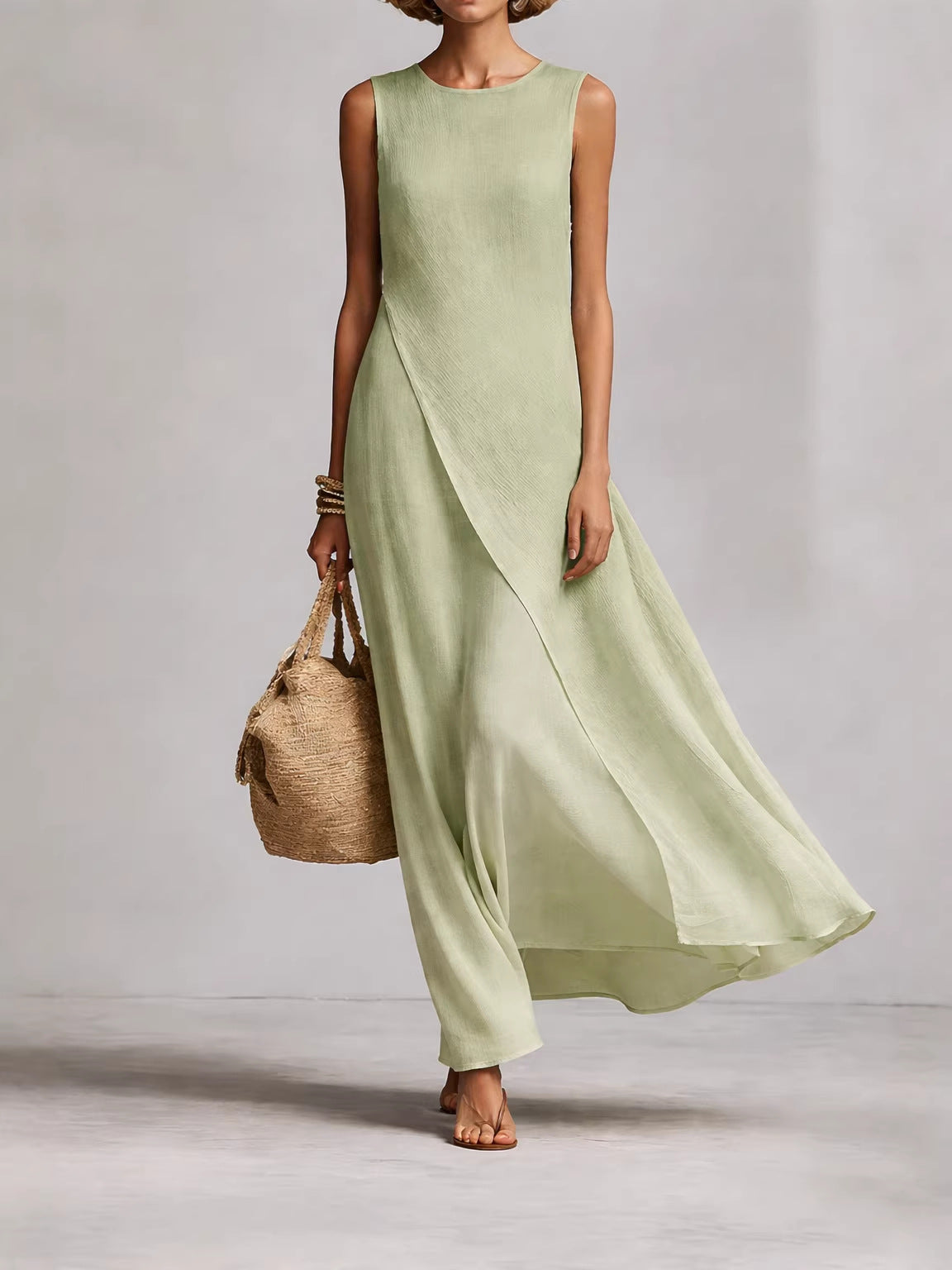 Round Neck Wrap Overlay Sleeveless Linen Maxi Dress