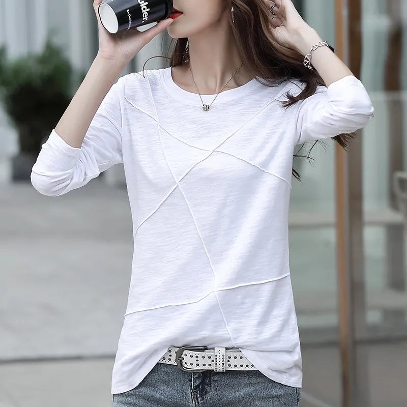 Solid Round Neck Spliced Grinding Pure Cotton Long Sleeve Slim Fit T-Shirt