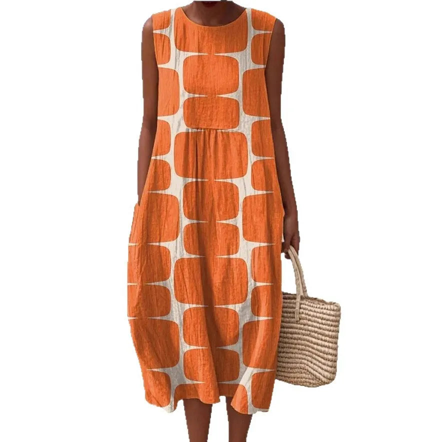 Round Neck Sleeveless 3D Floral Print Loose A-Line Midi Dress