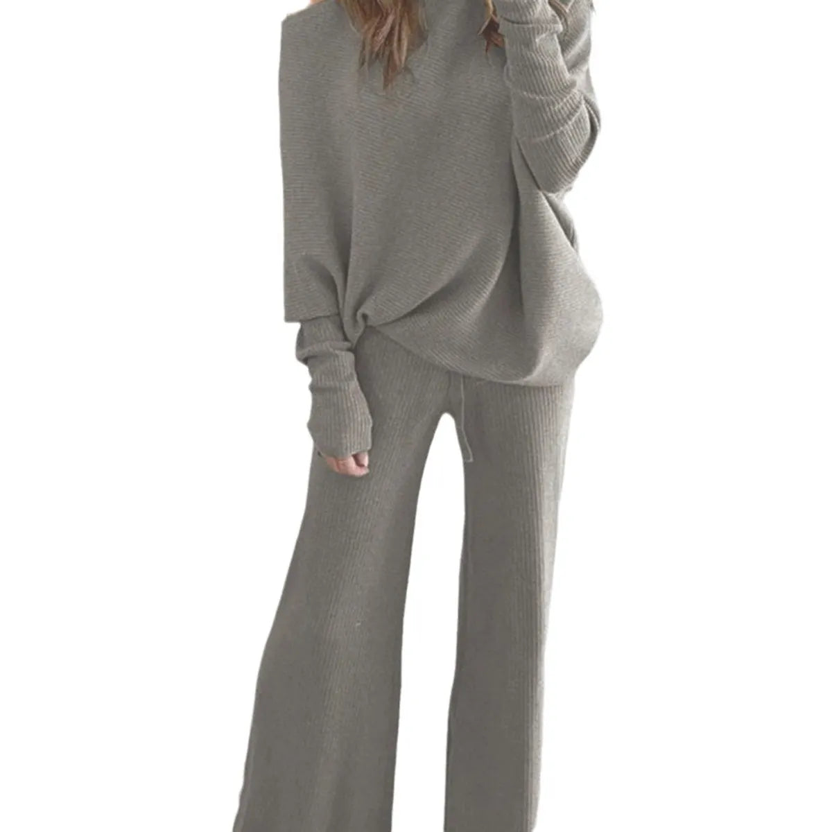 Waffle Knit Off Shoulder Oversized Top Wide Leg Pants Loungewear Set