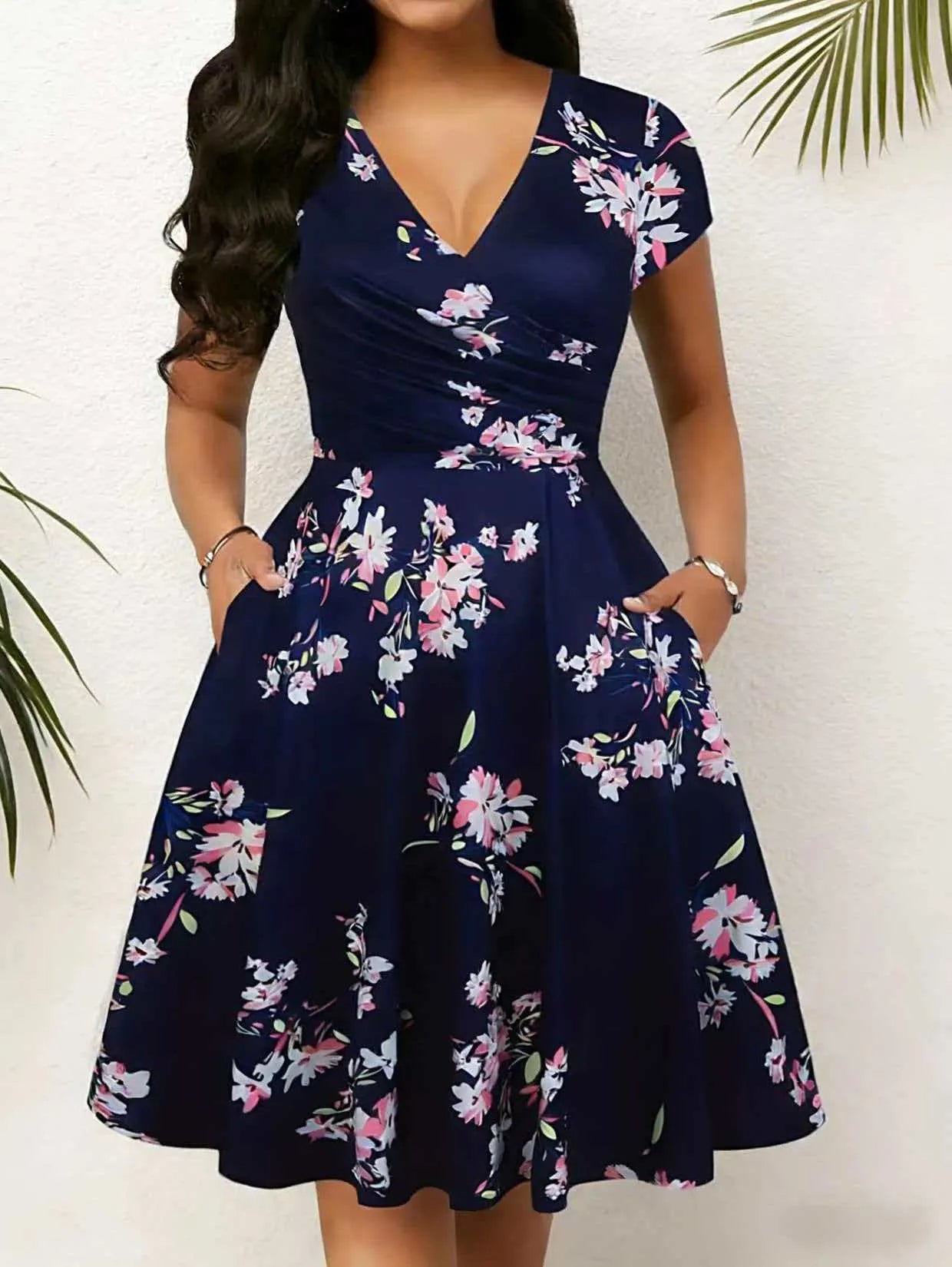 Round Neck Floral Print High Waist Flare Midi Dress