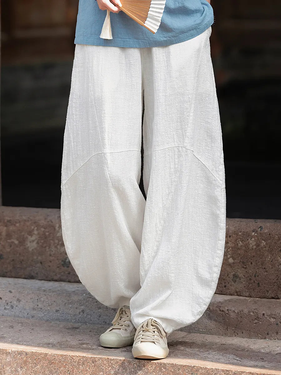 Matching Flowy Linen Elastic Drawstring Waist Spliced Retro Zen Loose Harem Long Casual Daily Outfit Pants