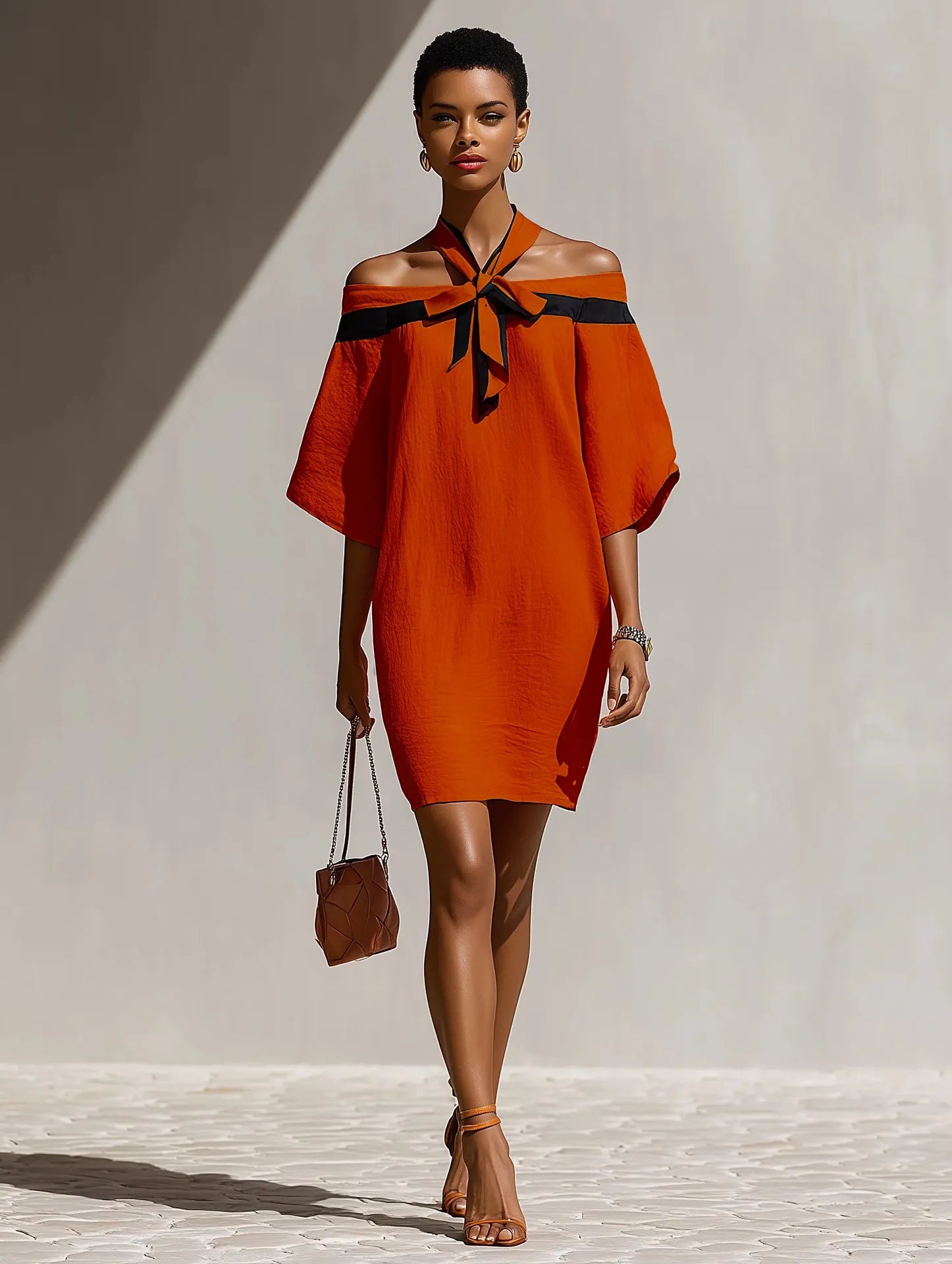 Off Shoulder Bow Tie Contrast Trim Batwing Sleeve Mini Dress