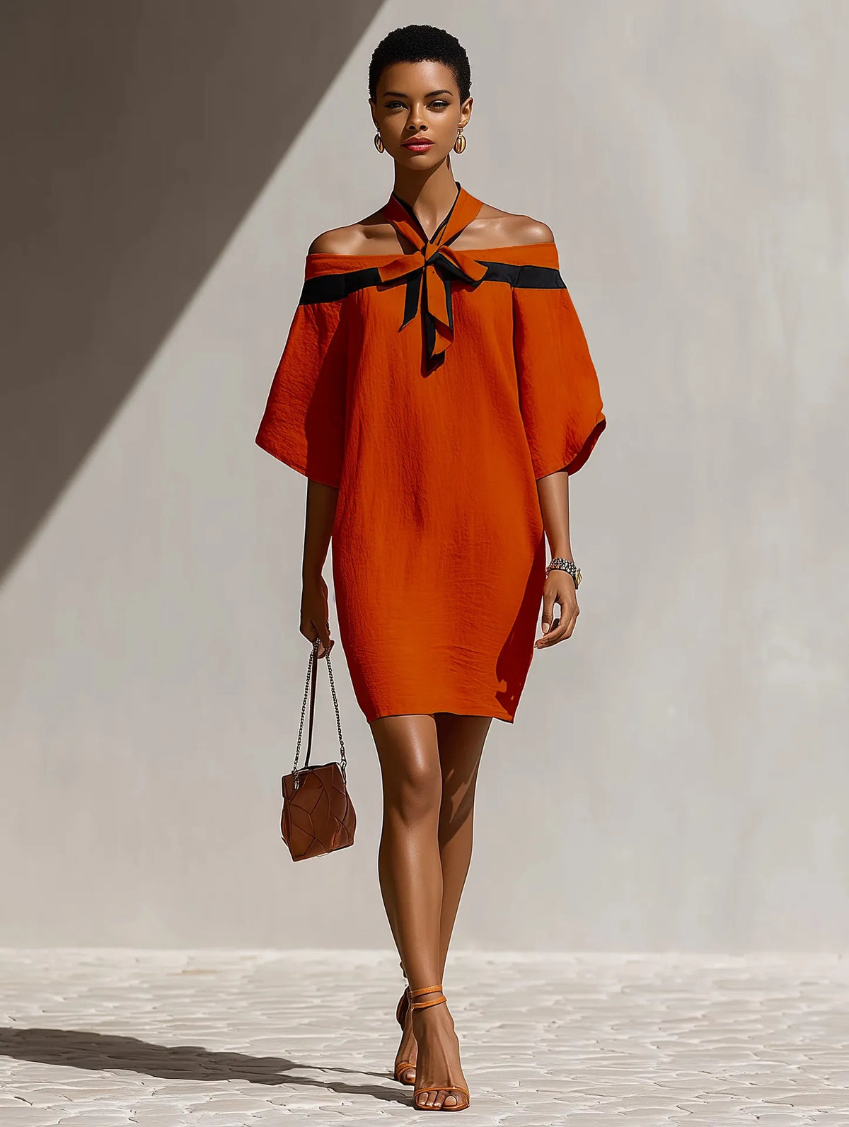 Off Shoulder Bow Tie Contrast Trim Batwing Sleeve Mini Dress