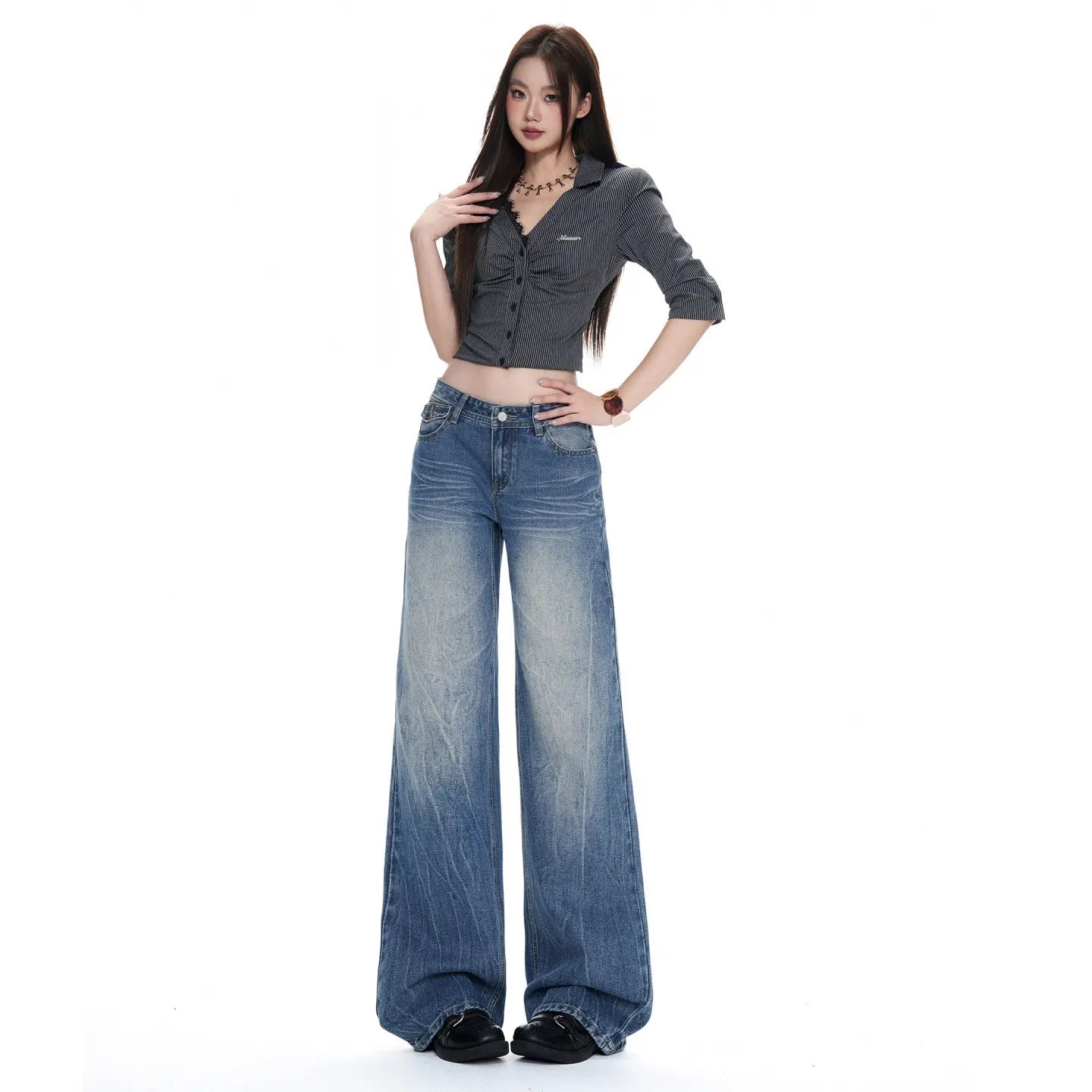Low Waist Retro Washed Straight Jeans