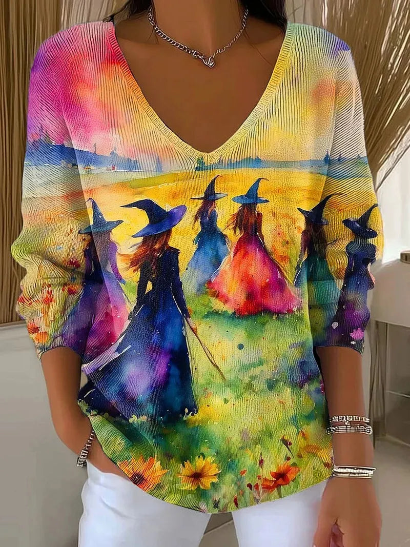 Halloween Ghost Pumpkin V‑Neck Sweater