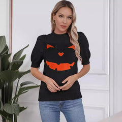 Halloween Pumpkin Face Crew Neck Short‑Sleeve Sweater