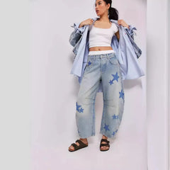 Heart Print Loose Wide Leg Casual Denim Pants