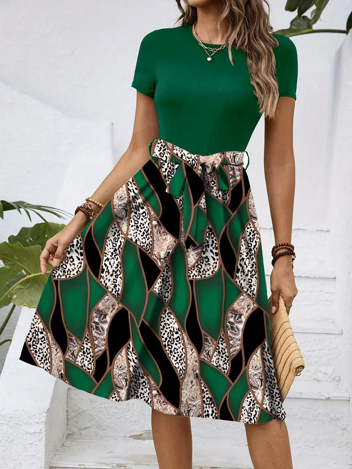 Color Block Leopard Geometric Print Tie Waist Midi Dress