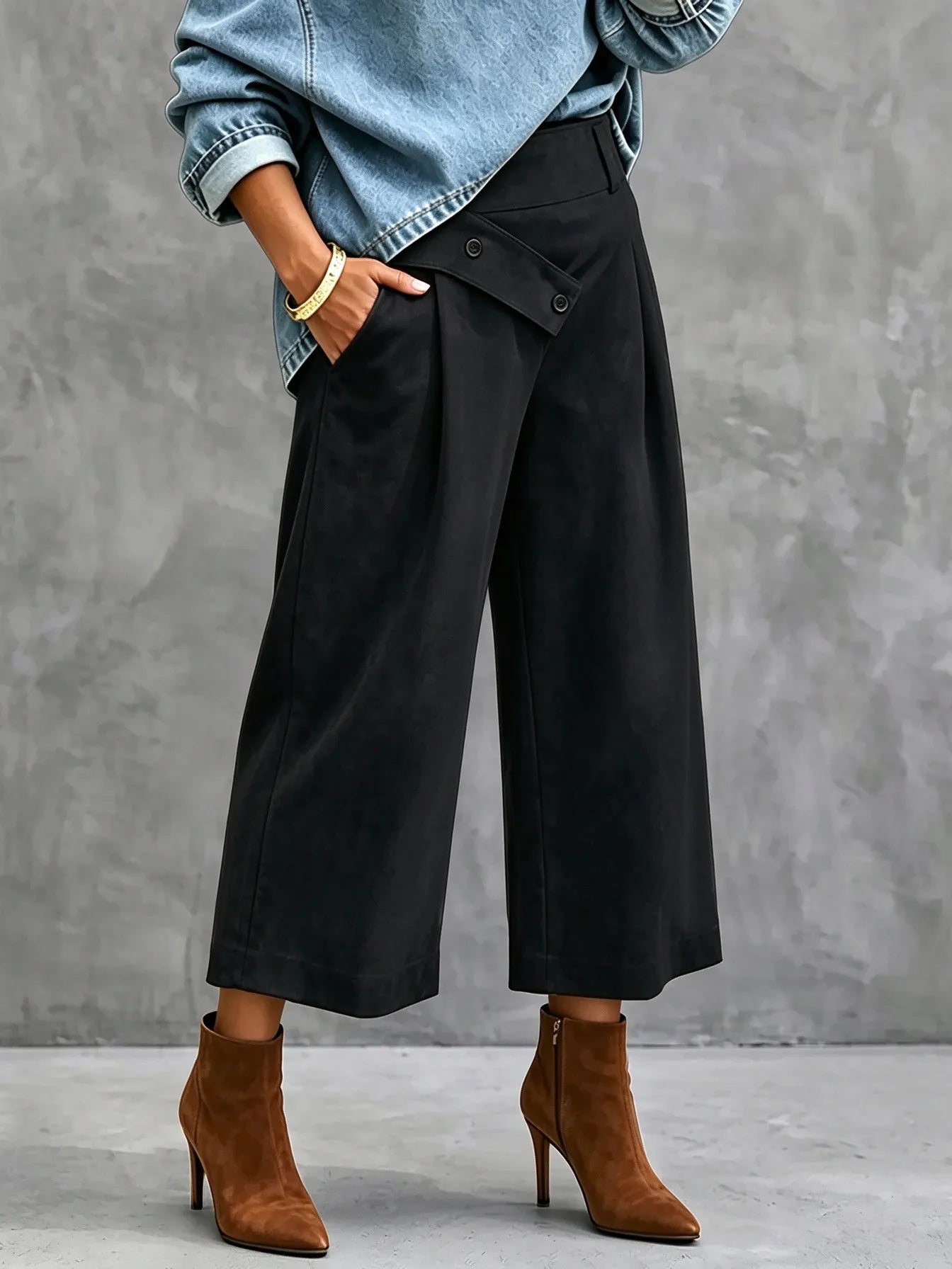 High Waist Wide Leg Trousers, Cross Over Asym Waist Pleated Black Casual Pants