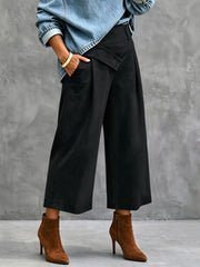 High Waist Wide Leg Trousers, Cross Over Asym Waist Pleated Black Casual Pants