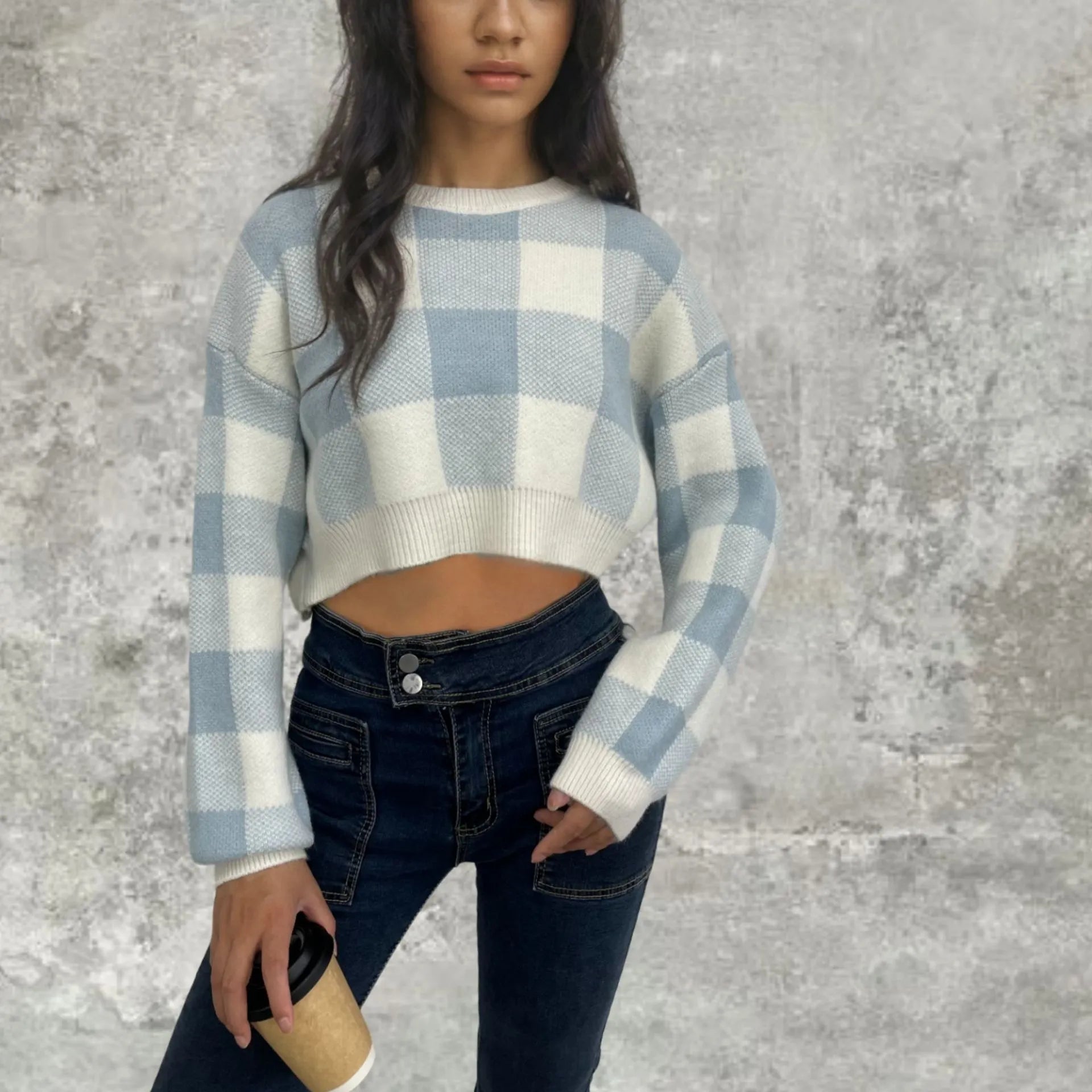 Pink White Plaid Round Neck Cropped Pullover Sweater