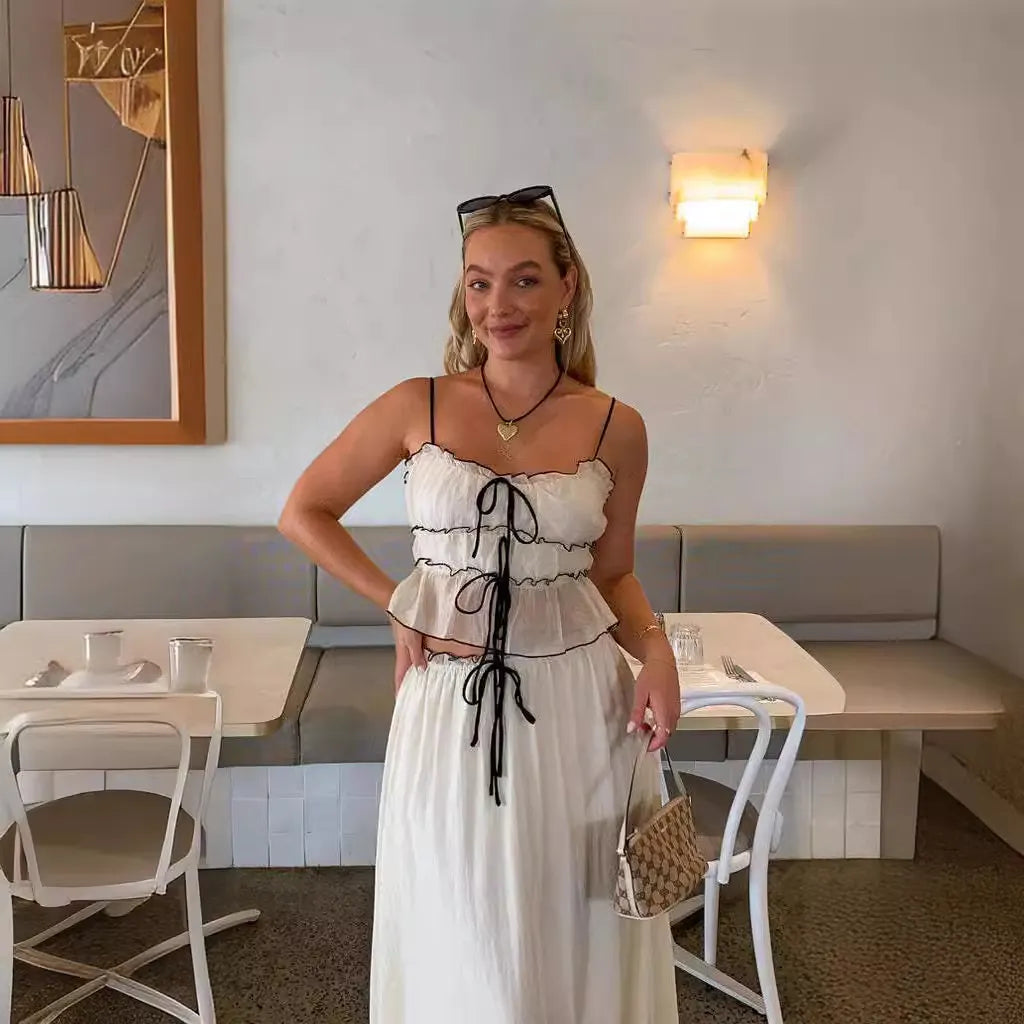 Cream Lace Trim Two-Piece Set, Ruffled Cami Top & Maxi Skirt