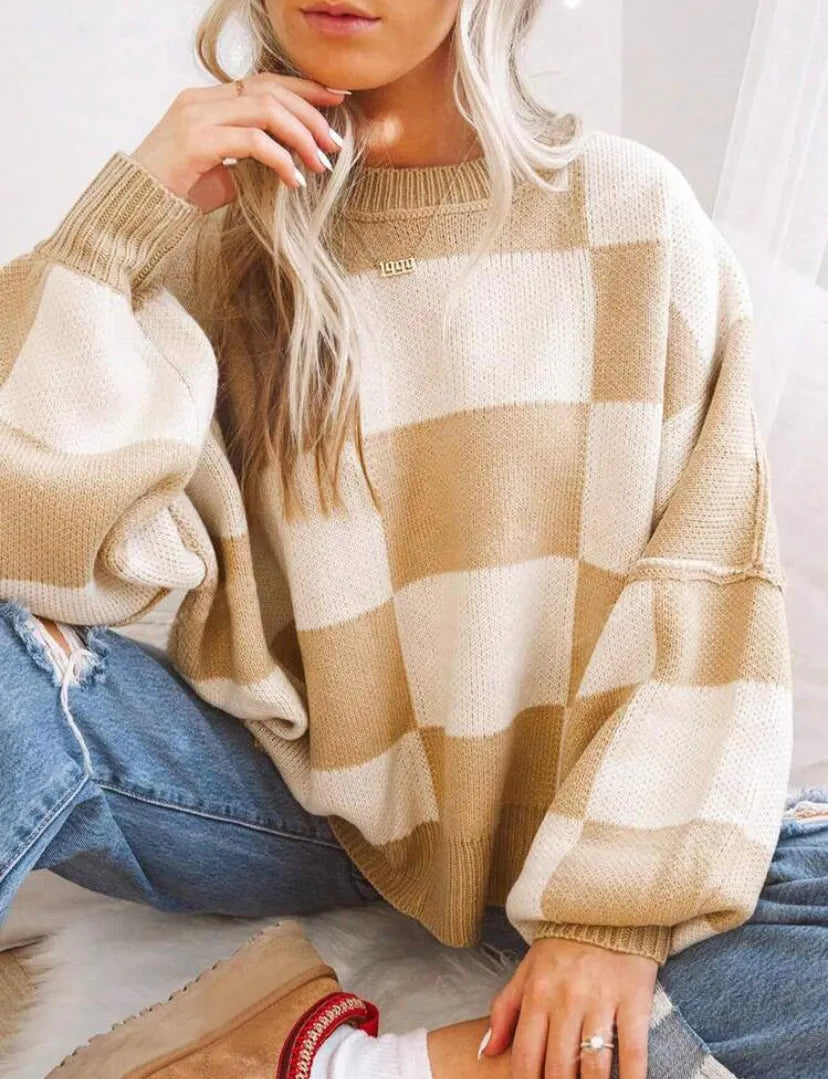 Checkerboard Color Block Crew Neck Loose Pullover Sweater