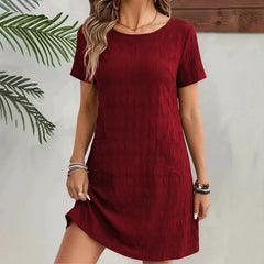 Solid Crew Neck Short Sleeve Casual Pocket Dress