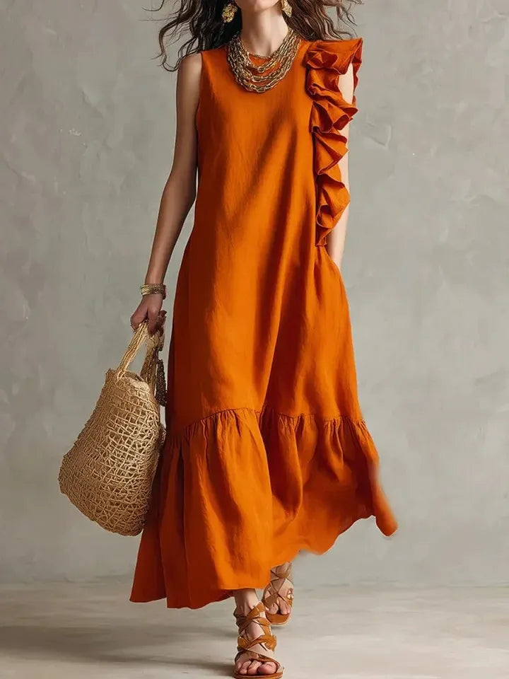 Pleating Blue Ruffle Sleeveless Tiered Maxi Dress