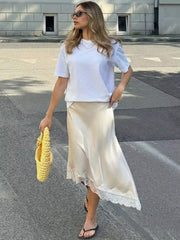 Solid Color Satin Lace Trim Irregular Hem Midi Skirt