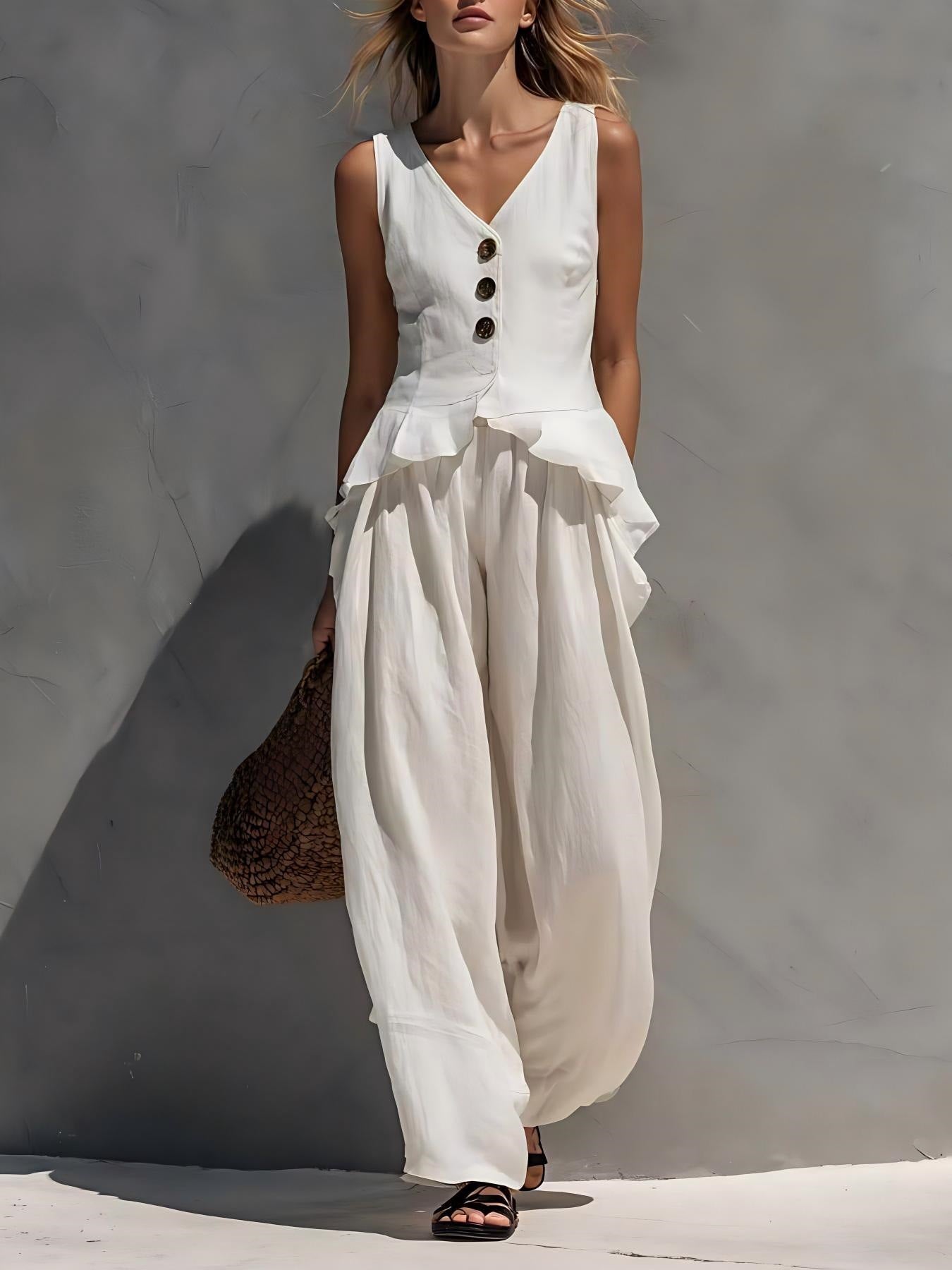 White Ruffled V-Neck Tank & Wide-Leg Pants Set