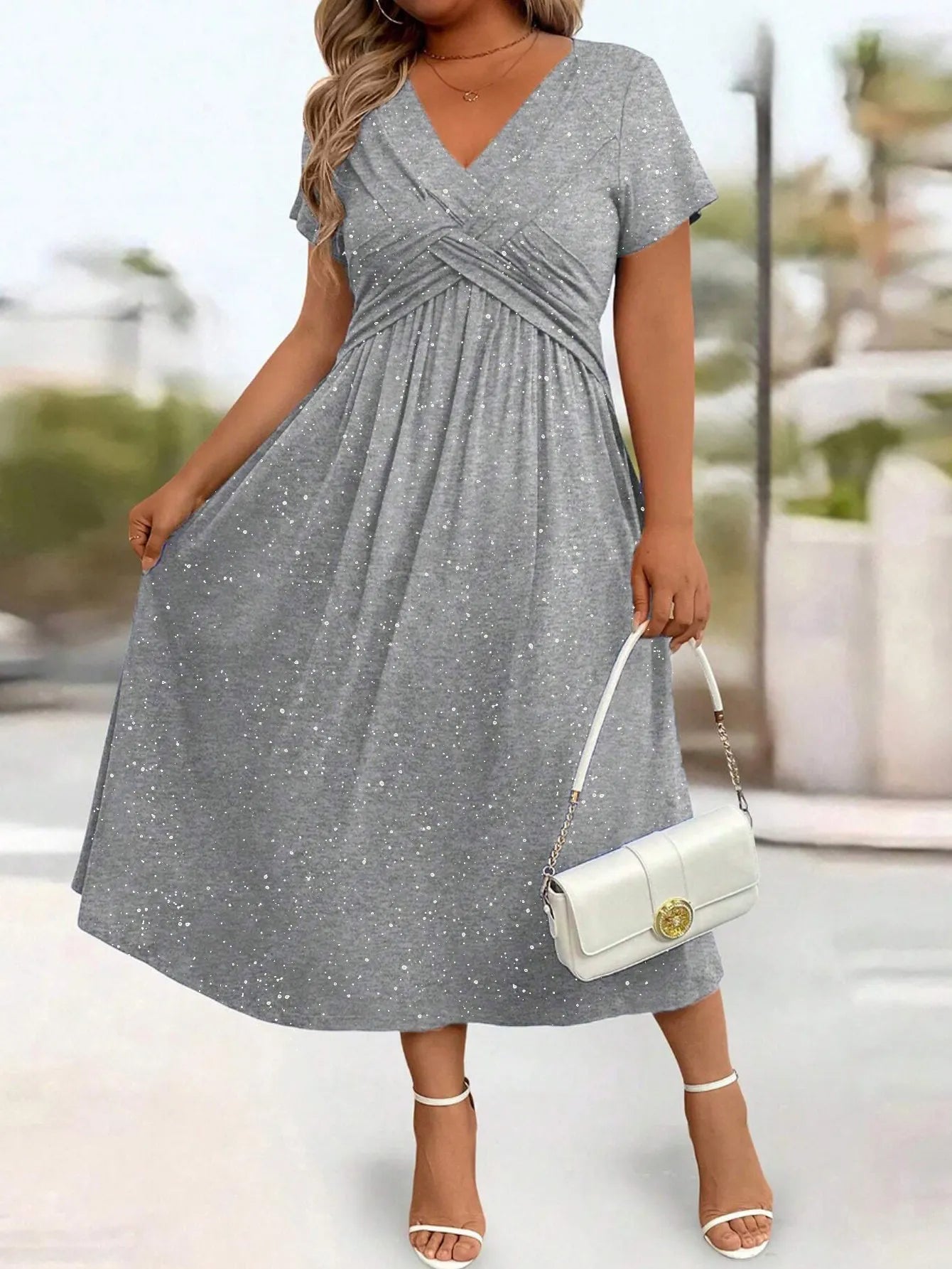 Twist Front A Line Midi Dress, Short Sleeve V-Neck Glitter Dot Print Dress with Pockets