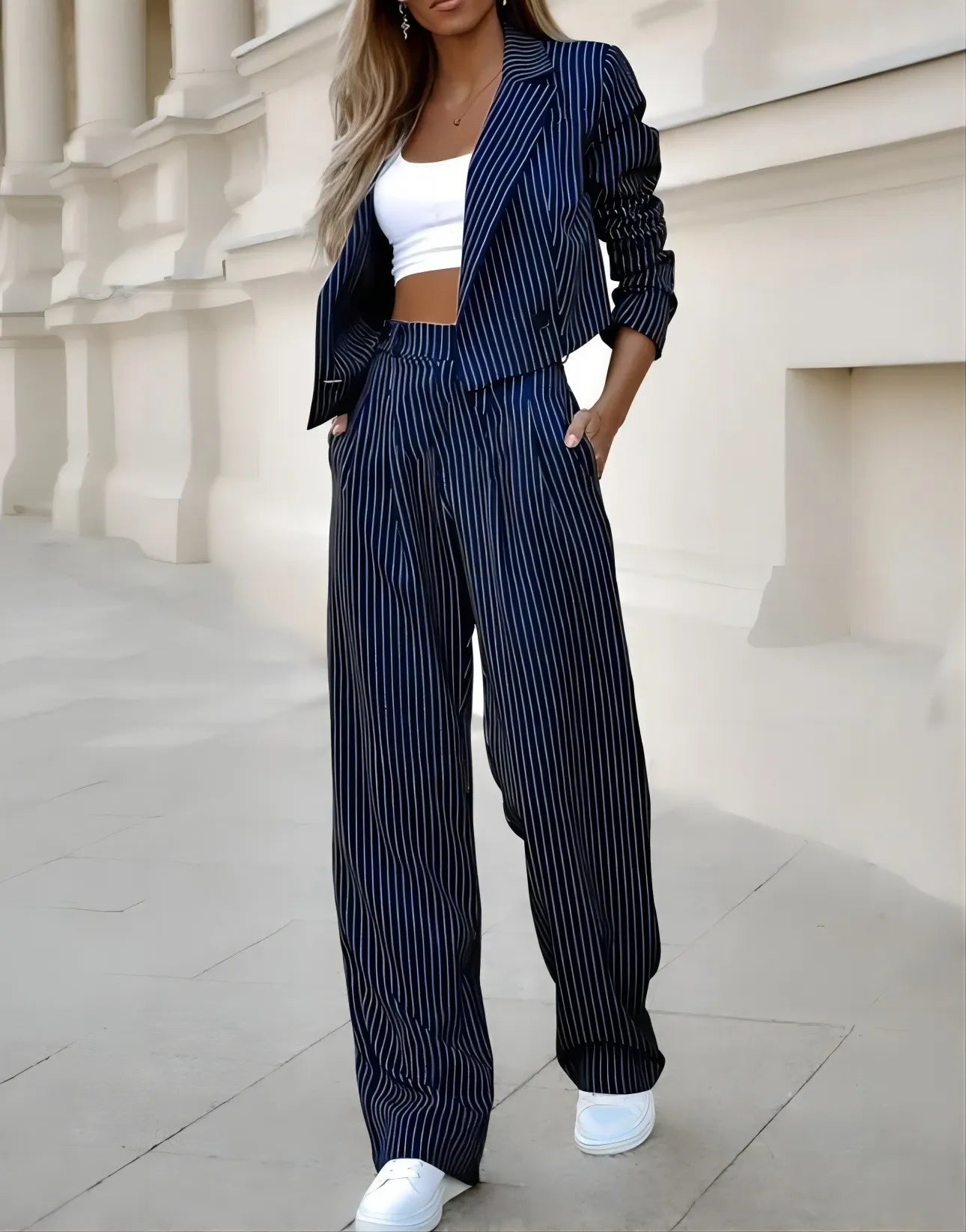 Plaid Long Sleeve Blazer & Wide Leg Pants