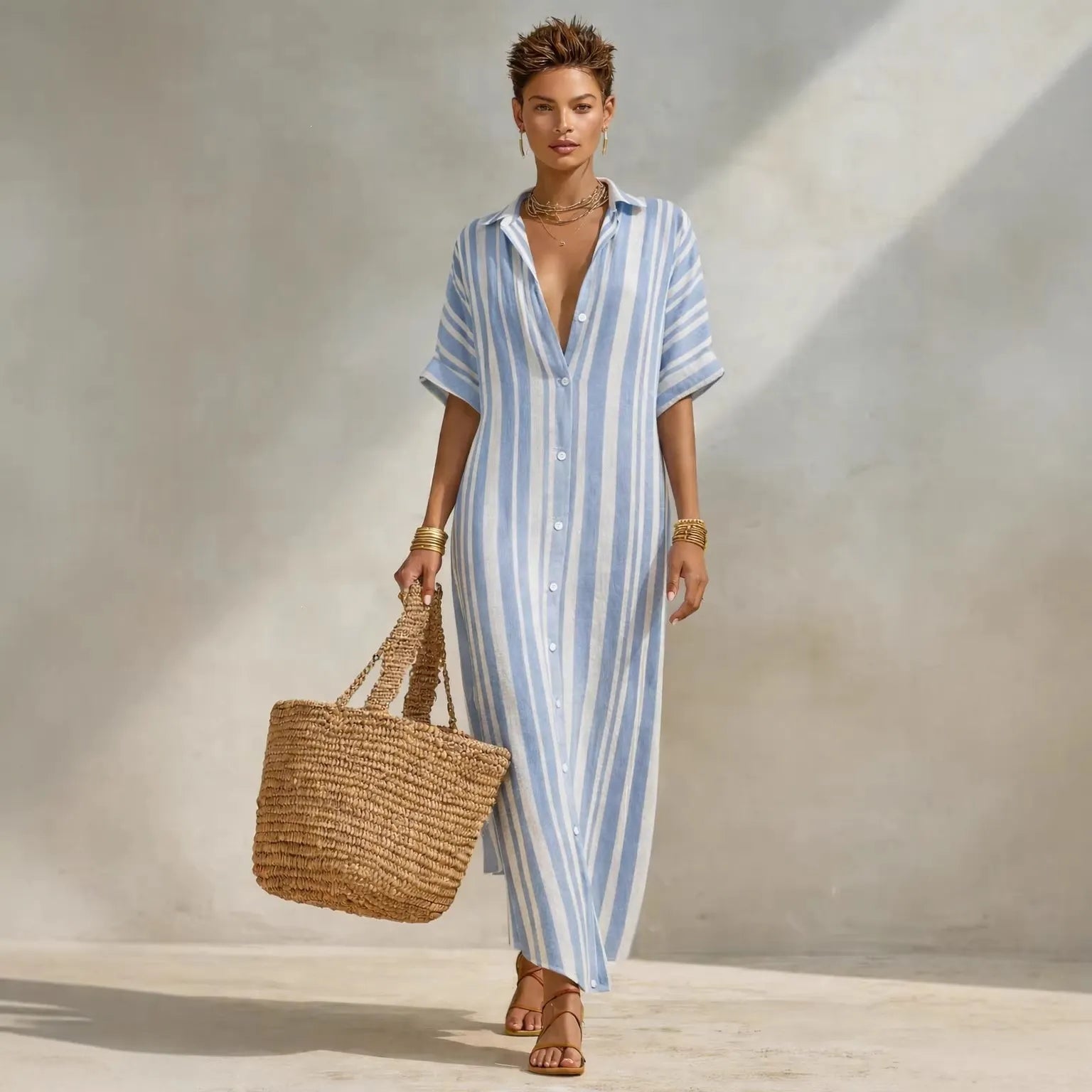 Striped Button Front Shirt Maxi Dress