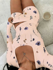 Floral Print Cutout Long Sleeve Top & Shorts Pajama Set