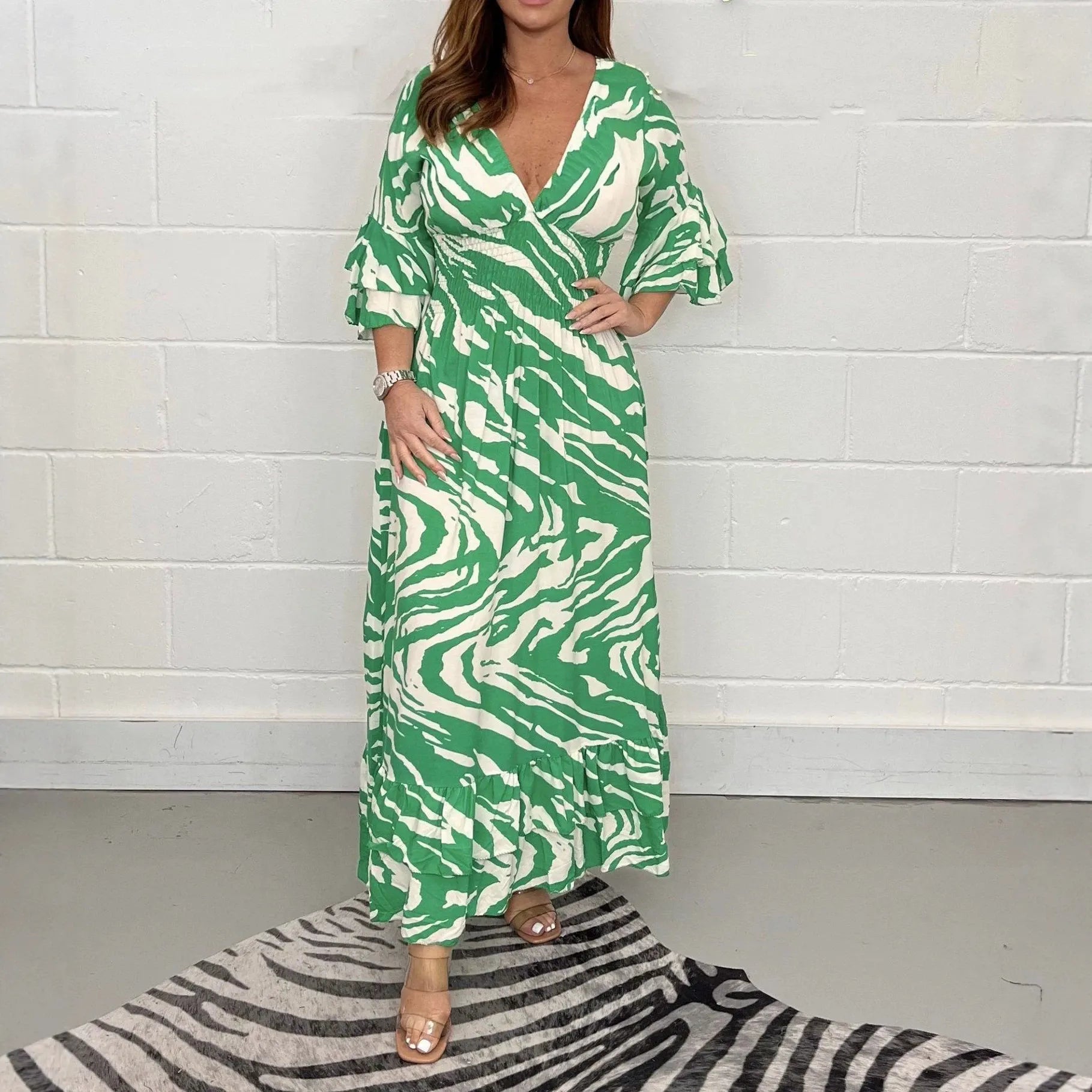Abstract Print V-Neck Long Sleeve Maxi Dress