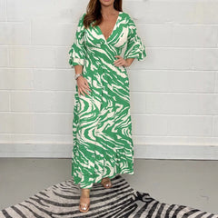 Abstract Print V-Neck Long Sleeve Maxi Dress
