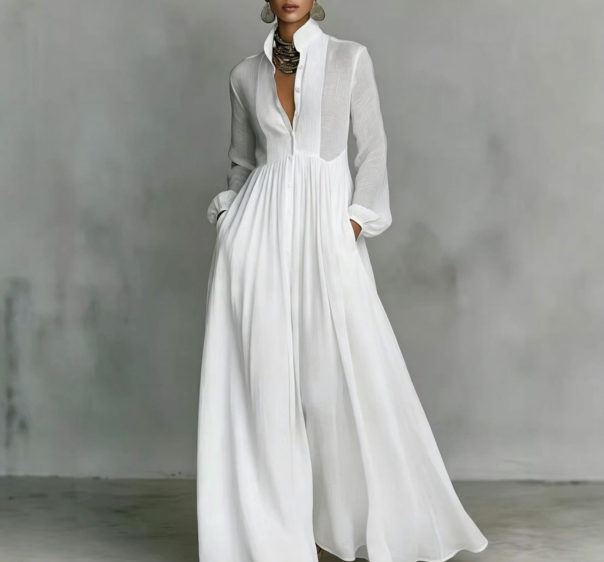 White Stand Collar Pleated Long Sleeve Maxi Shirt Dress