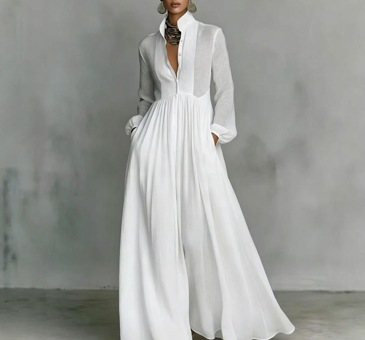 White Stand Collar Pleated Long Sleeve Maxi Shirt Dress