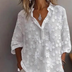 Floral Embroidery Button Down Casual Loose Shirt