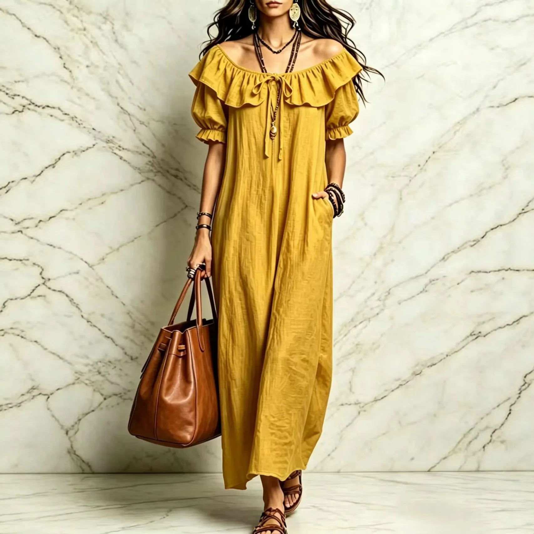 Ruffle Neck Puff Sleeve Maxi Dress