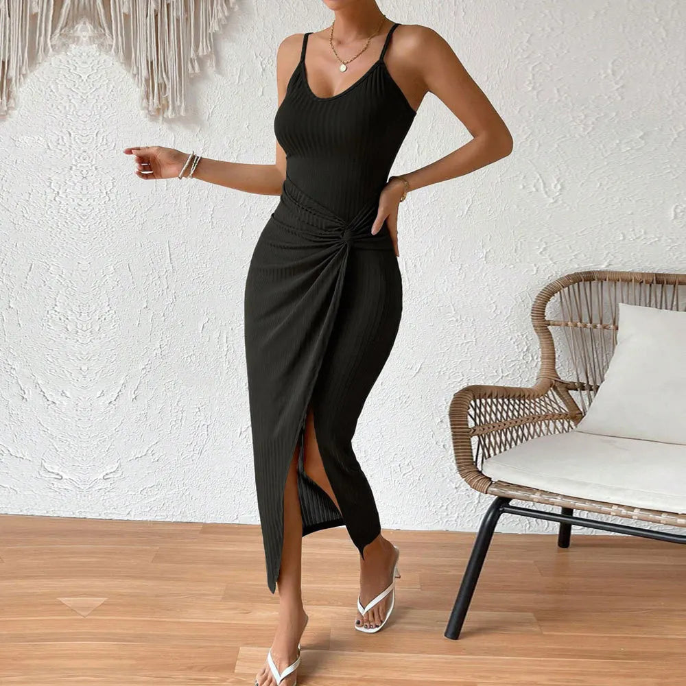 Ribbed Knit Twist Front Spaghetti Strap Slit Maxi Dress (Multiple Colors)