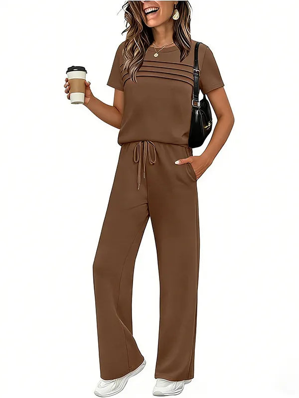 Short Sleeve Ruched Top & Drawstring Wide-Leg Pants Set