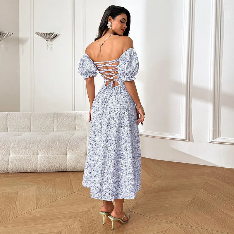 Off Shoulder Puff Sleeve Ditsy Floral Slit Midi Dress