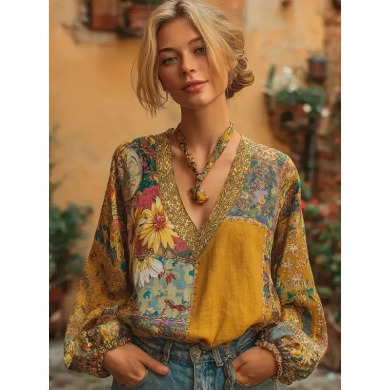 3D Digital Print V-Neck Lantern Long Sleeve Retro Casual Blouse