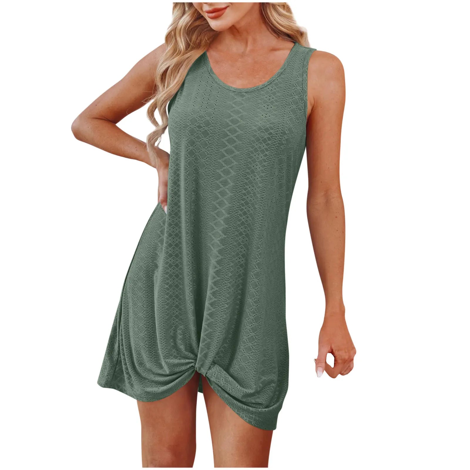 Solid Round Neck Sleeveless Casual Loose Midi Dress