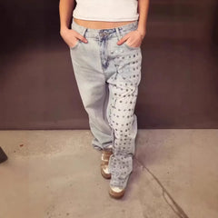 Mid‑Waist Rhinestone Decor Straight Leg Jeans