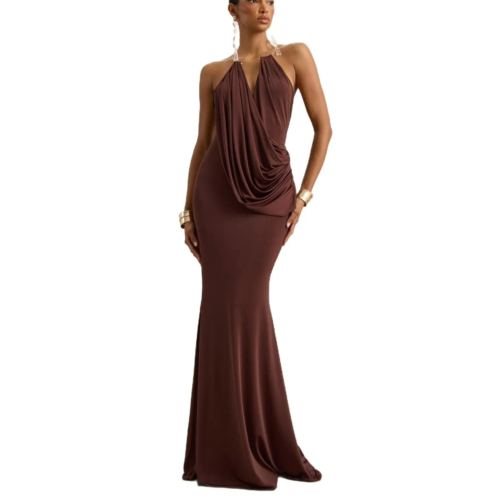 Solid Color Halter Neck Ruched Mermaid Maxi Dress