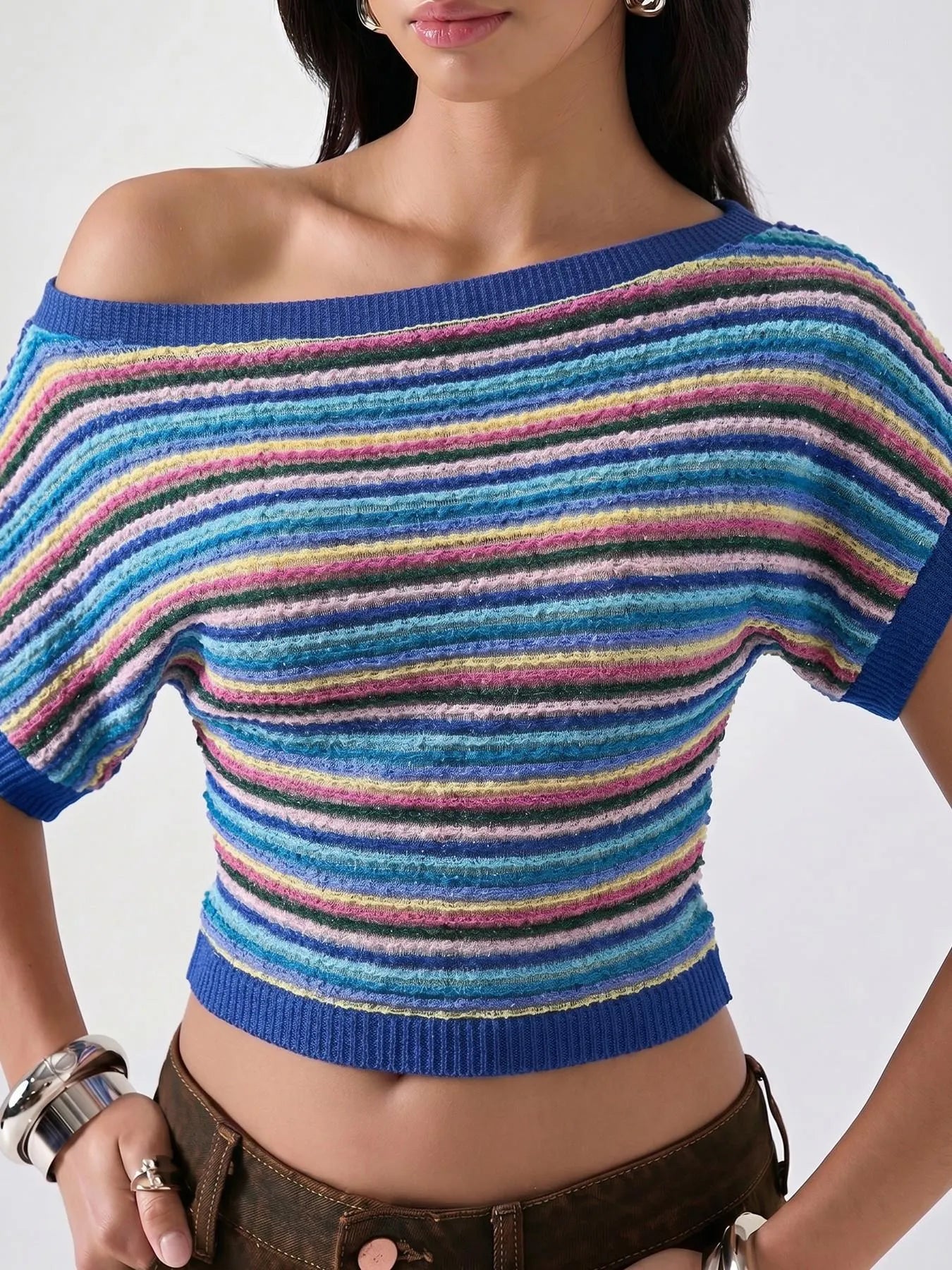 Retro Stripe Off‑Shoulder Cropped Knit Top