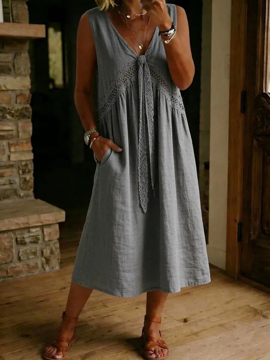 V-Neck Lace Tie Spliced Sleeveless Loose Midi Dress
