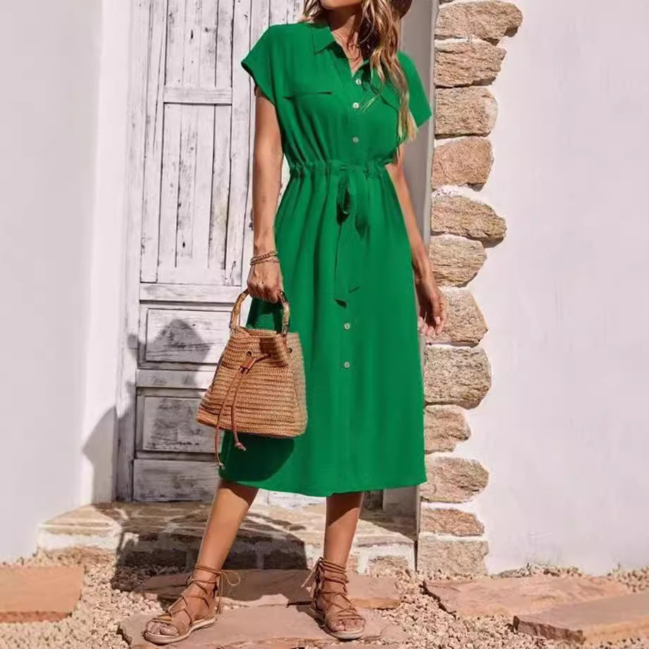 Green Tie-Waist Button-Front Shirt Maxi Dress