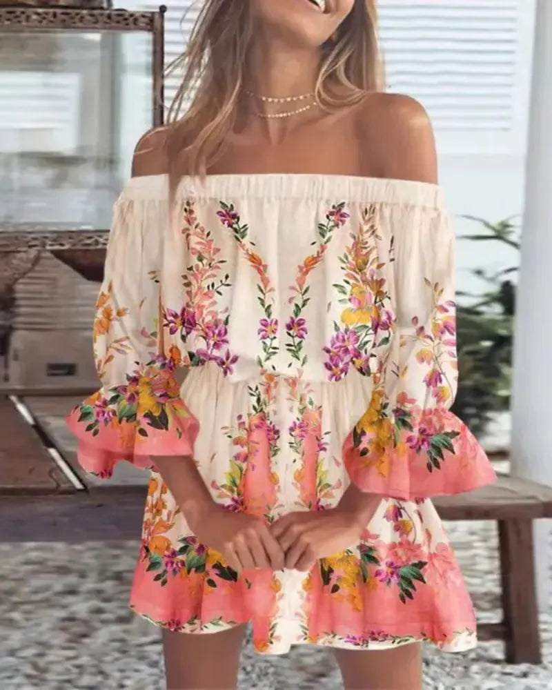 Off-the-Shoulder Ruffle Mini Dress, Floral Print Bell Sleeve Summer Dress