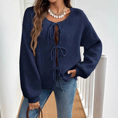 Multiple Drawstring Open Front Knit Top Long Sleeve Casual Oversized Cardigan