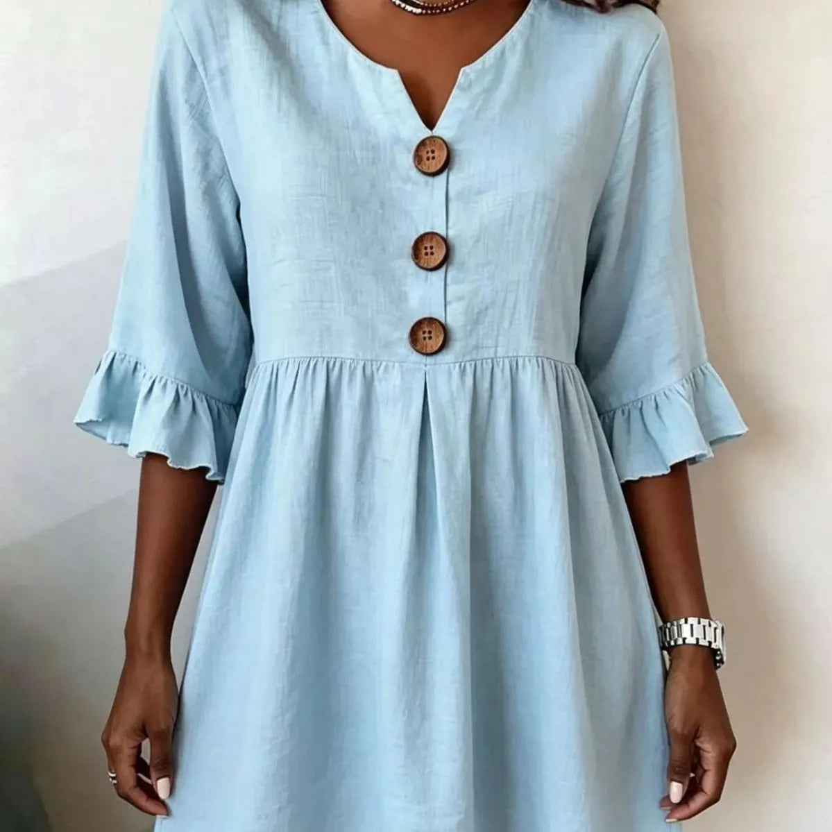 V-Neck Wooden Button Ruffle 3/4 Sleeve Loose Pleated Mini Dress