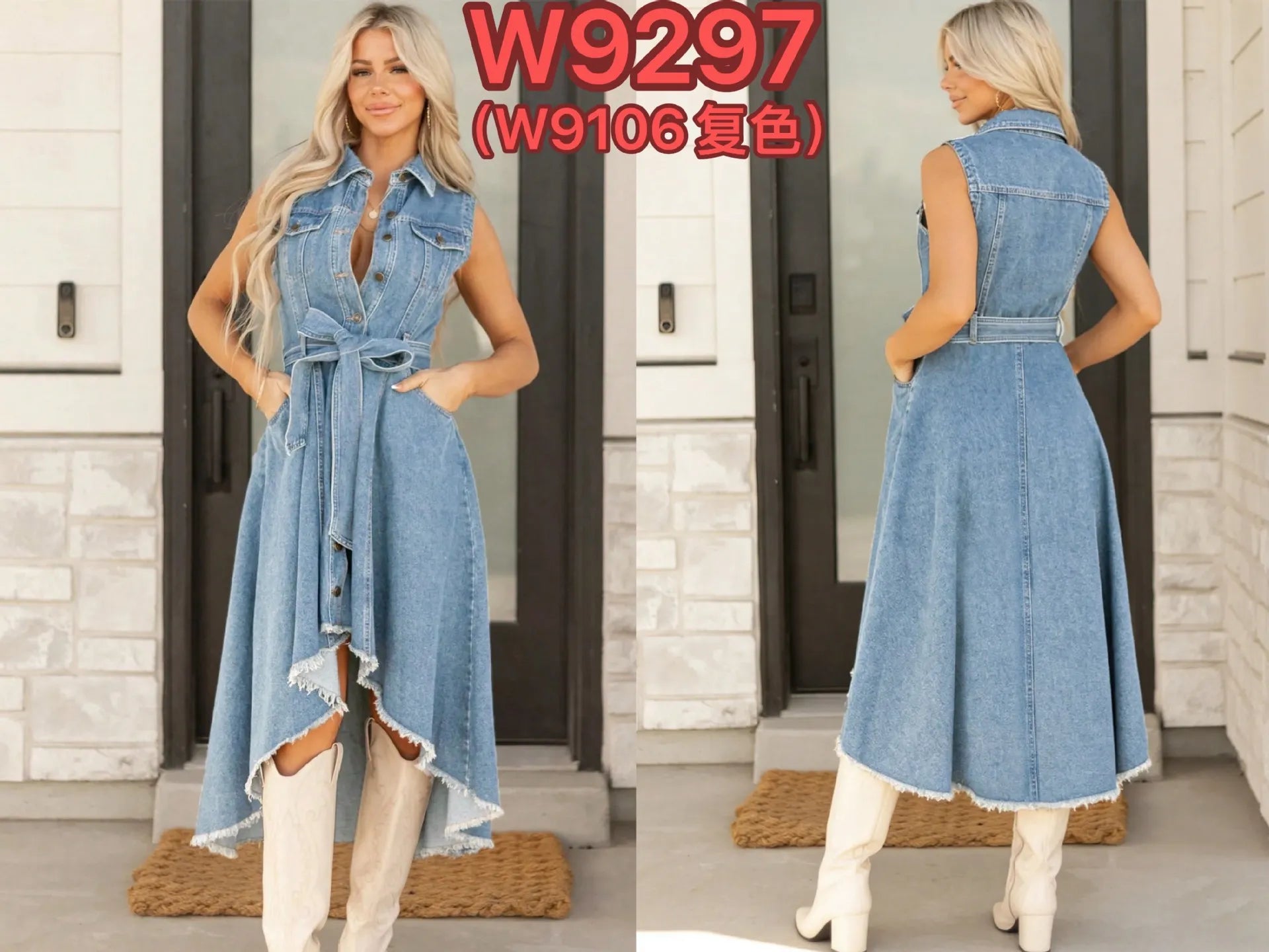 Lapel Sleeveless Single Breasted Belted Irregular Fringe Hem Denim Midi Dress