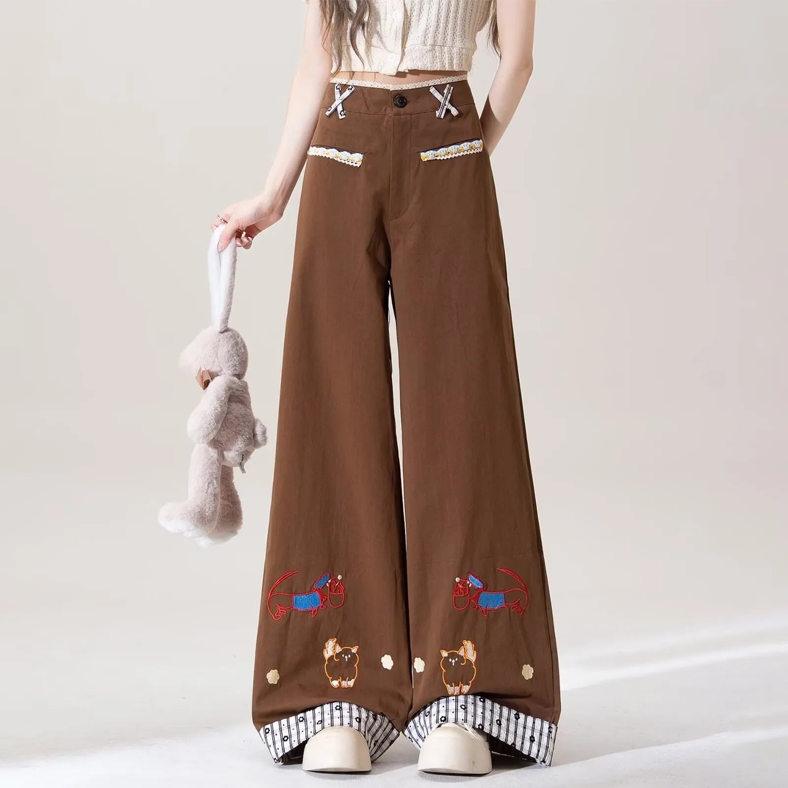 Printed Flare Work Pants | High Waist Cartoon Embroidery Washed Cotton Wide Flare Casual Trousers
